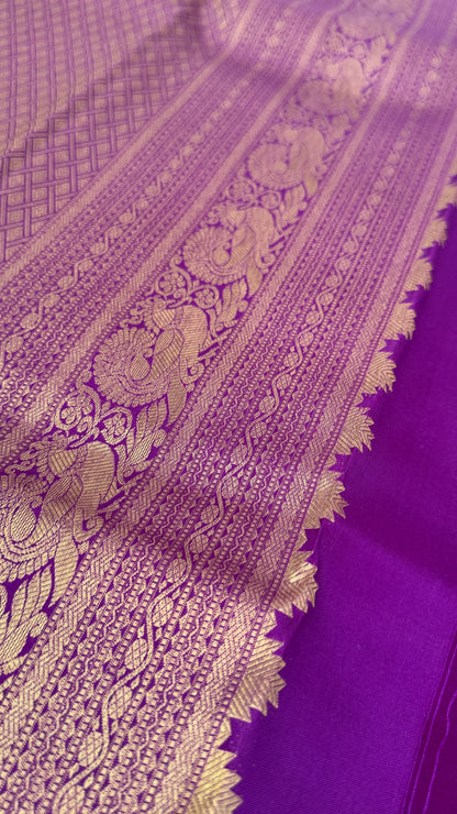 Vintage Wash Pure Kanchipuram Silk Saree – Gold with Royal Purple Contrast | Silk Mark Certified