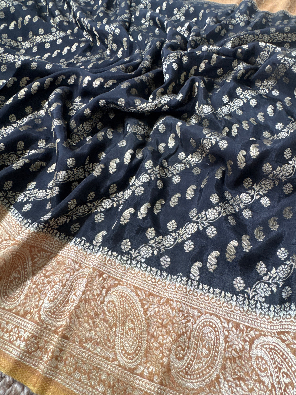 Munga Silk Banarasi Sarees - Black with Mustard Border