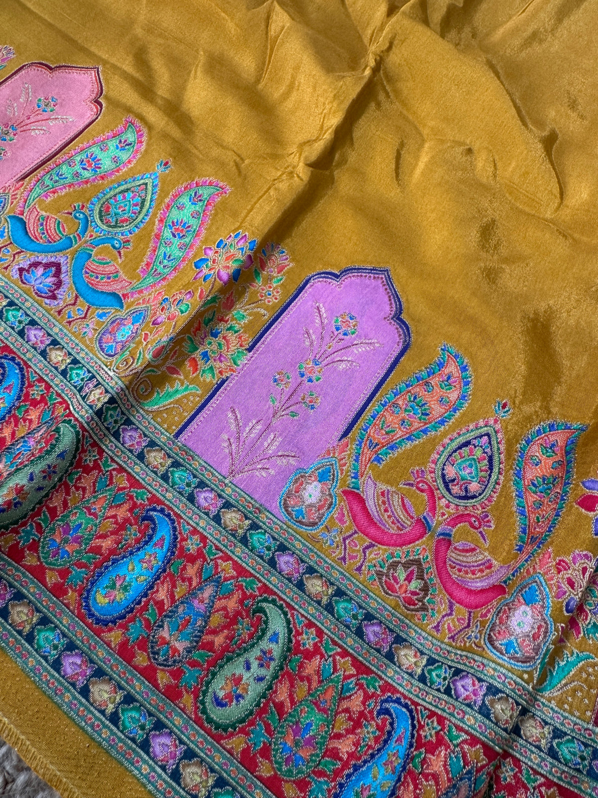 Kashmiri Pashmina Kani Silk Saree – Yellow and Red