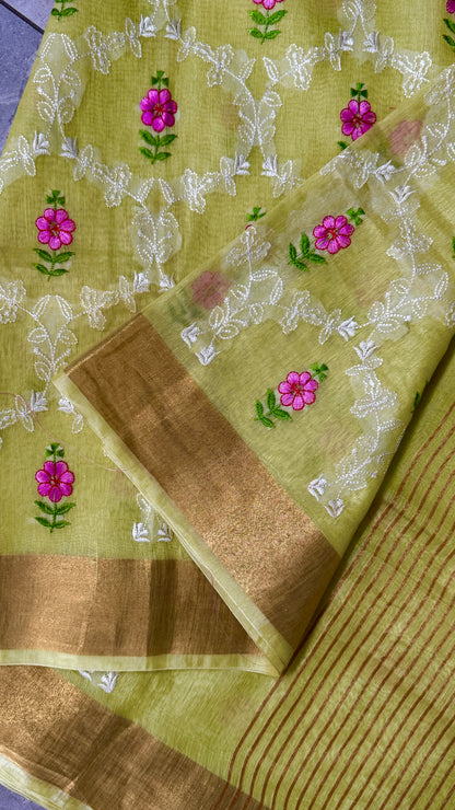Pure Silk Linen Embroidered Saree – Lemon Yellow with Floral Embroidery