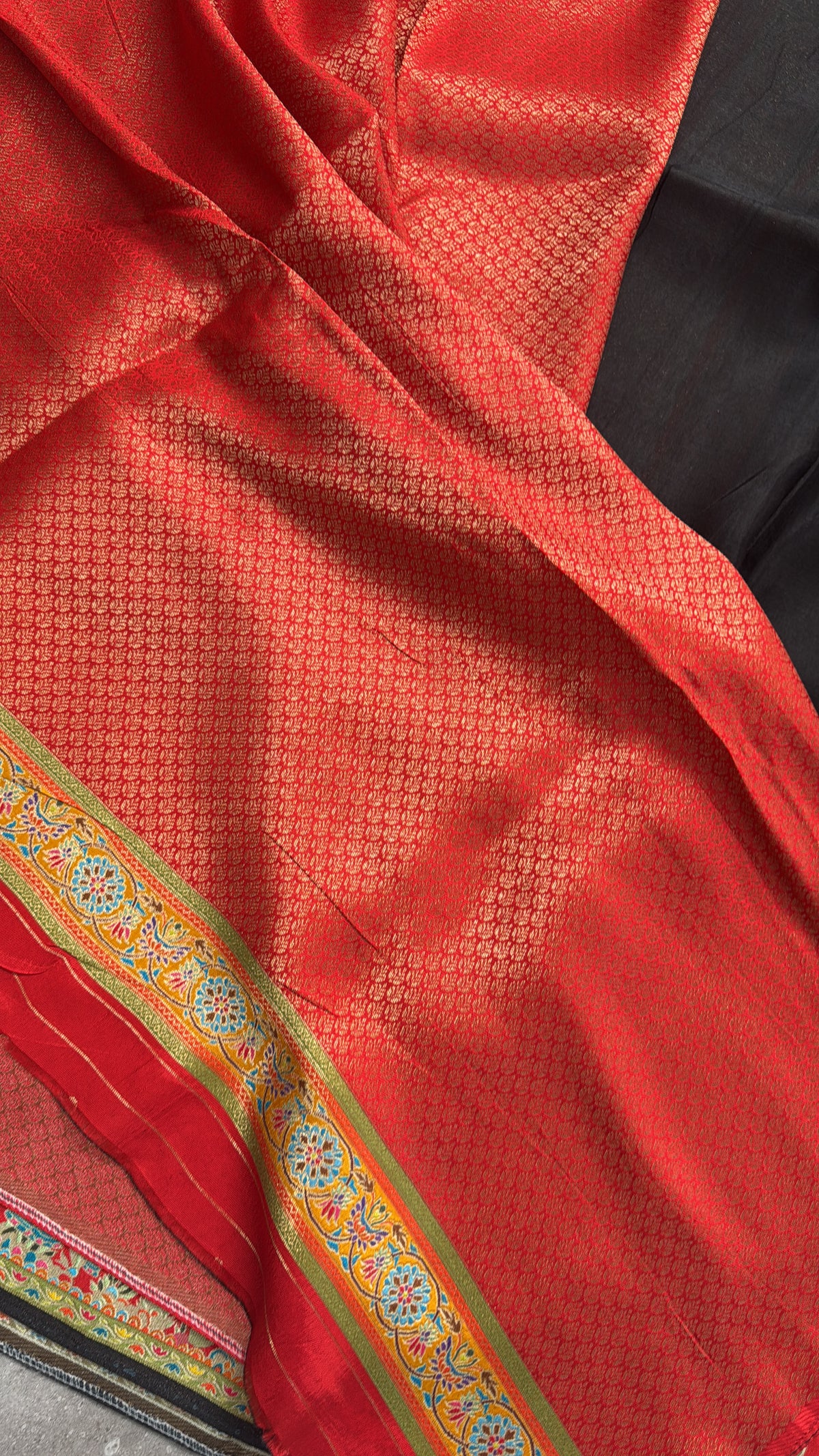 Kashmiri Pashmina Kani Silk Saree – Black with Red Brocade Blouse