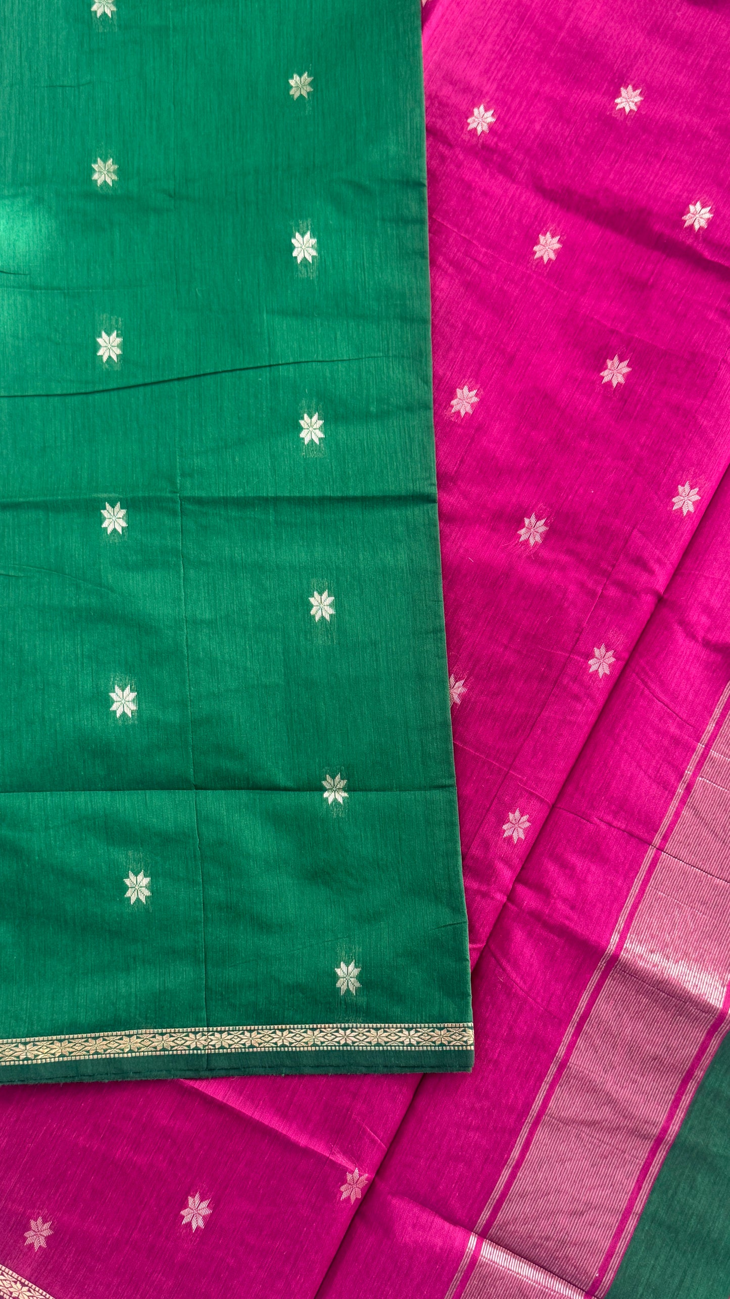 Maheshwari Silk Cotton Saree | Emerald Green With Pink