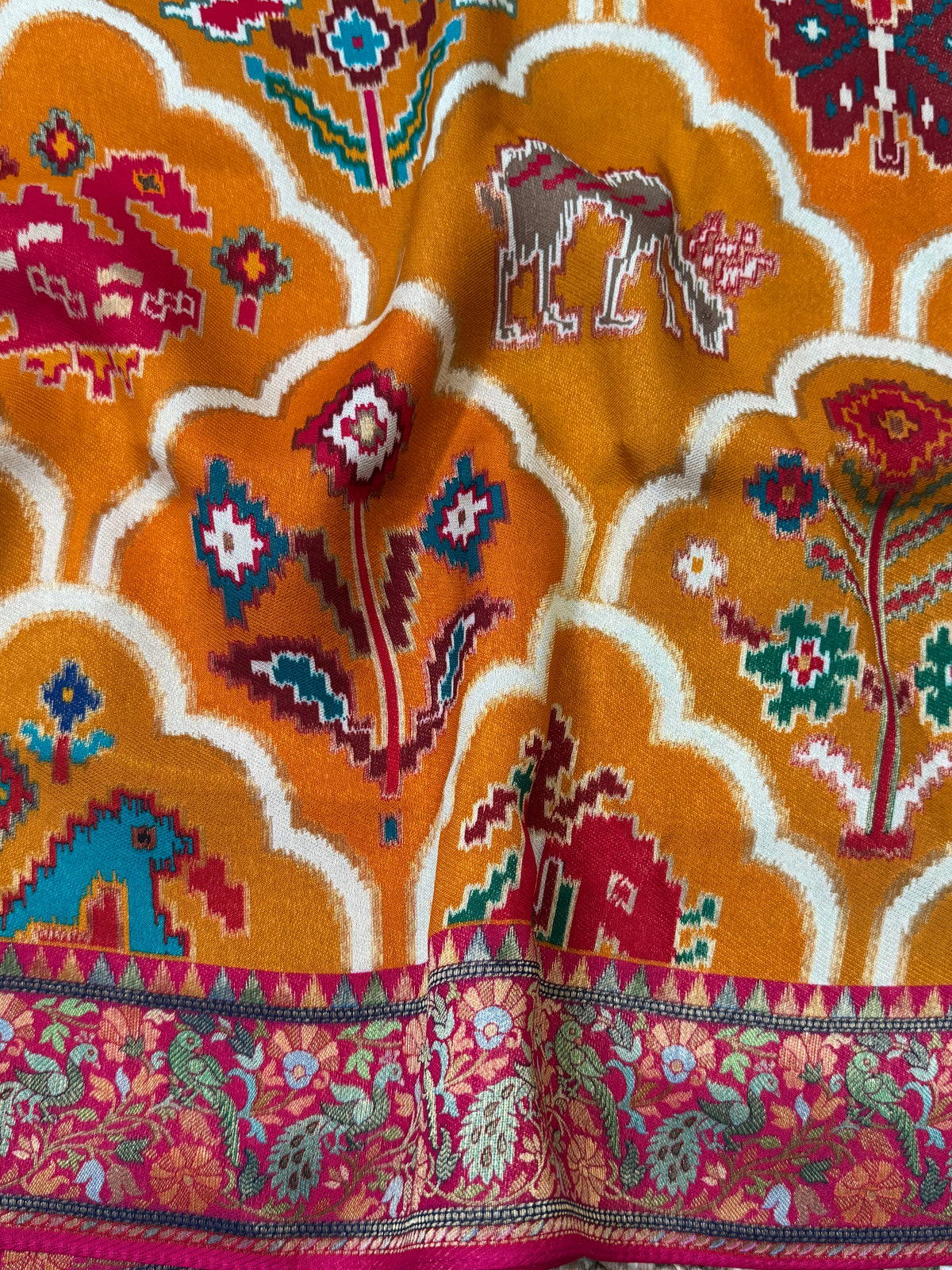 A Kashmiri Pashmina Banarasi Handwoven Sarees with Patola prints - Mustard