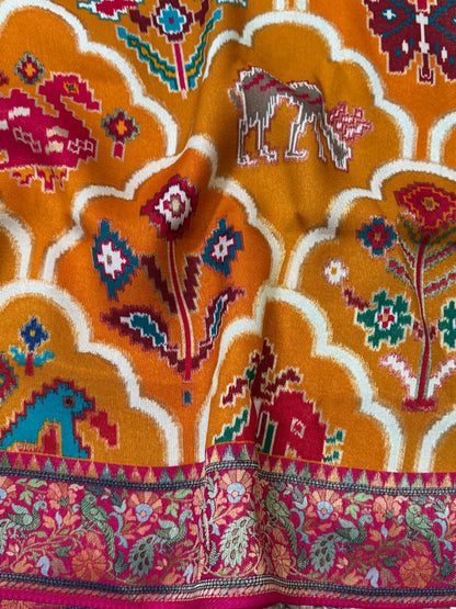 A Kashmiri Pashmina Banarasi Handwoven Sarees with Patola prints - Mustard