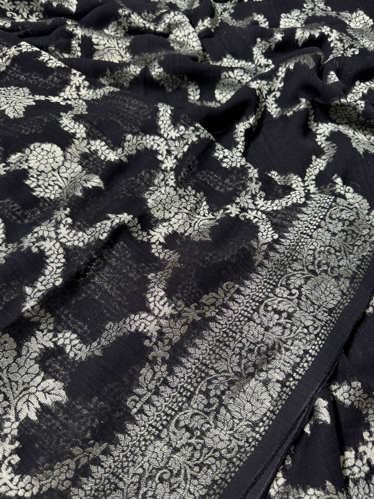 Super Soft Tussar Georgette Saree with Silver Jaal Weaving – Black