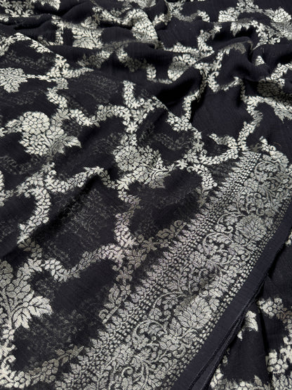 Super Soft Tussar Georgette Saree with Silver Jaal Weaving – Black