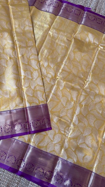 Semi Silk Mini Kanchivaram Tissue Saree – Light Golden Yellow & Magenta