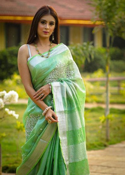 Hand Embroidered Pure Tissue Linen Silk Saree - Leaf Green