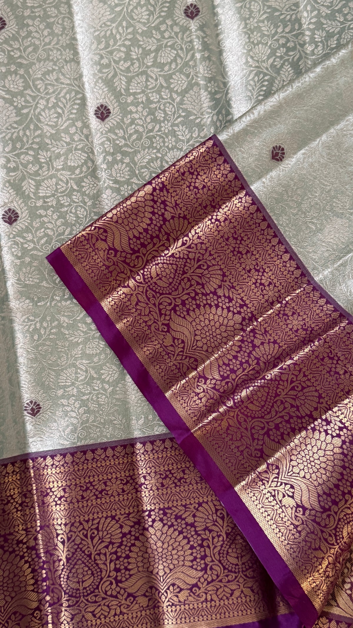 Semi Silk Mini Kanchivaram Tissue Saree – Light Mint Green & Magenta
