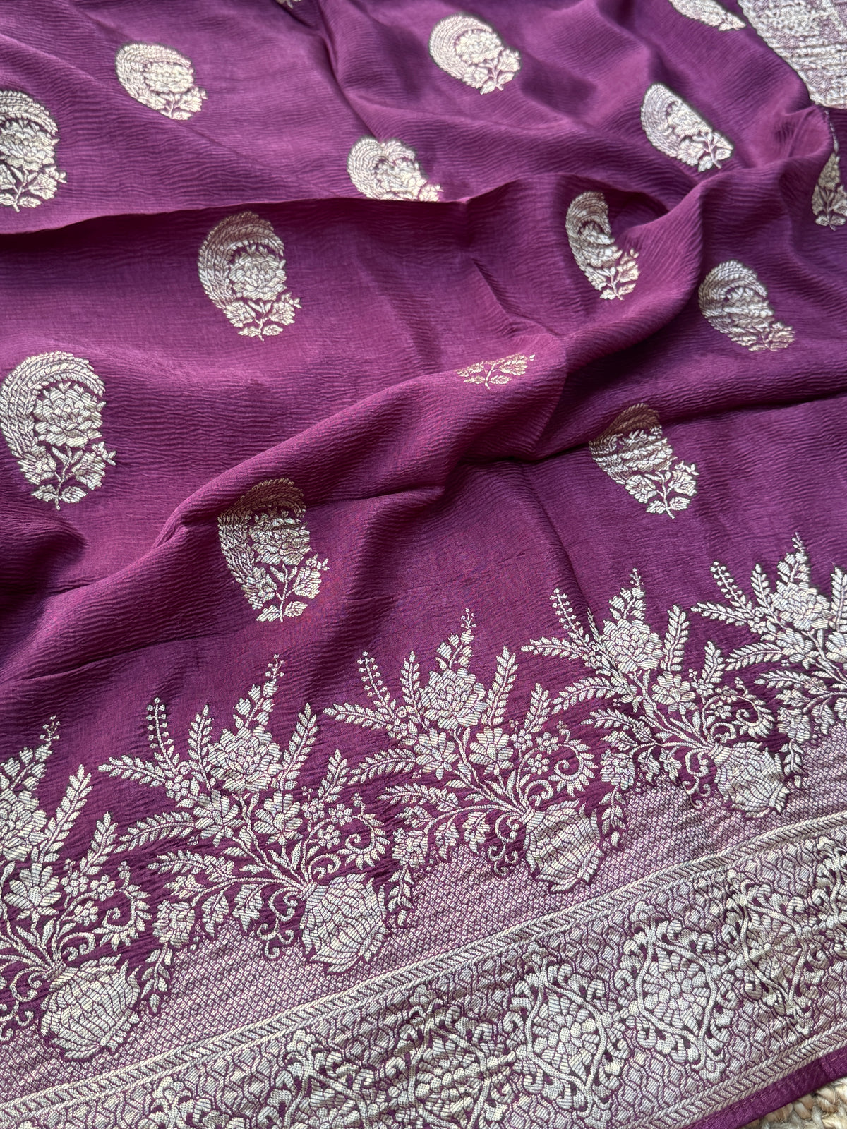 Crushed Munga Silk Banarasi Saree – Wine with Self-Turning Border