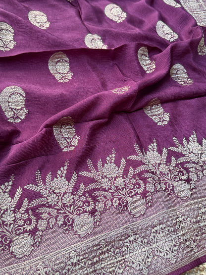 Crushed Munga Silk Banarasi Saree – Wine with Self-Turning Border