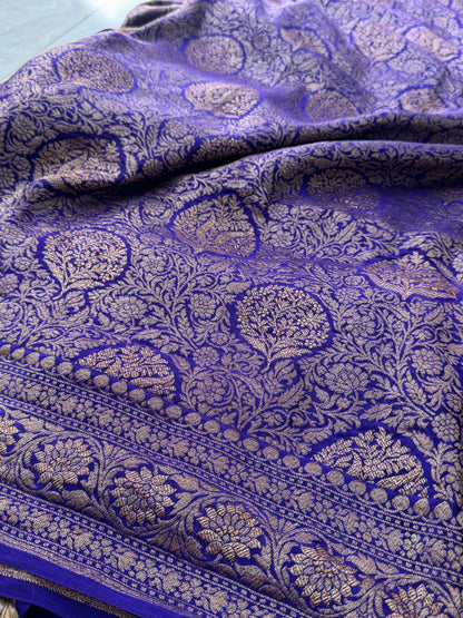 Royal Purple Pure Khaddi Georgette Banarasi Silk Saree with All-Over Gold Zari Jaal |Silk Mark Certified