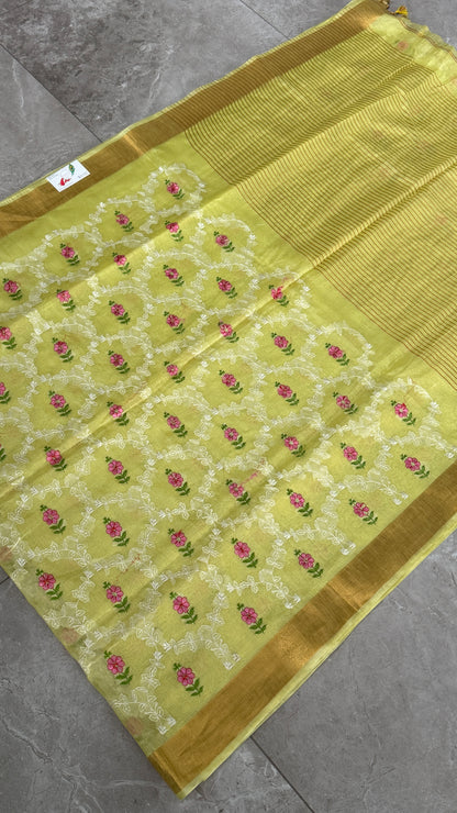 Pure Silk Linen Embroidered Saree – Lemon Yellow with Floral Embroidery