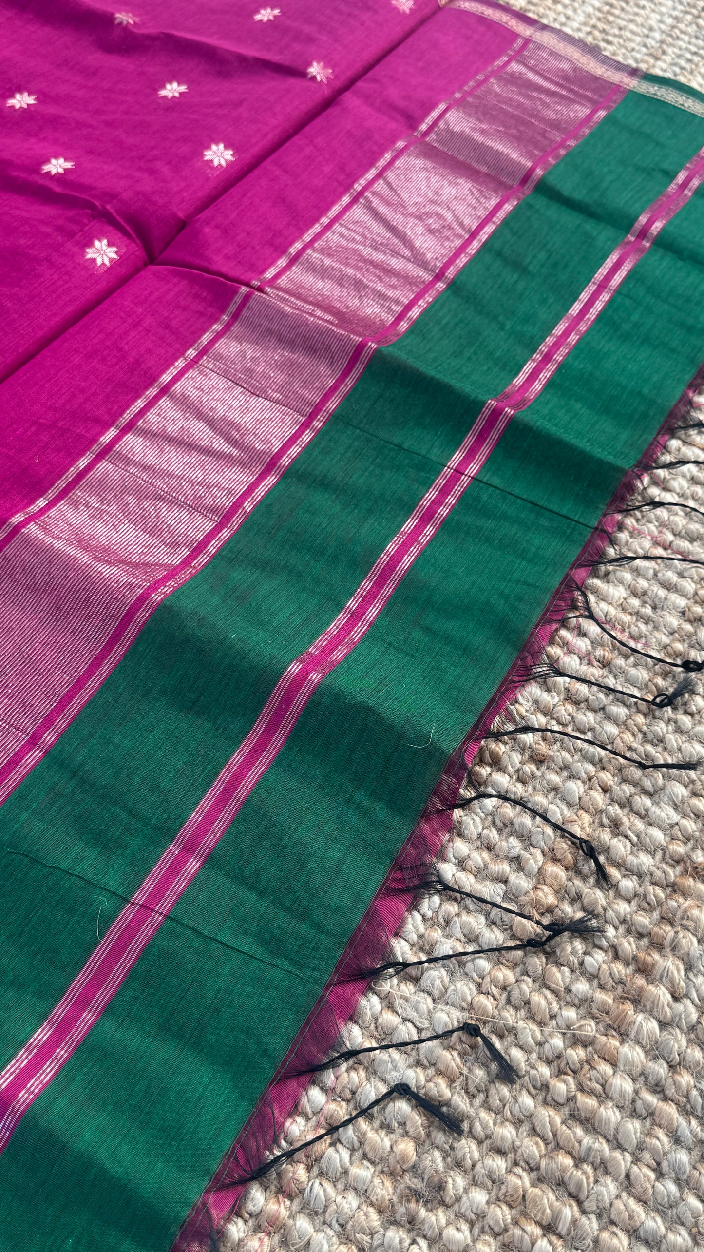 Maheshwari Silk Cotton Saree | Emerald Green With Pink