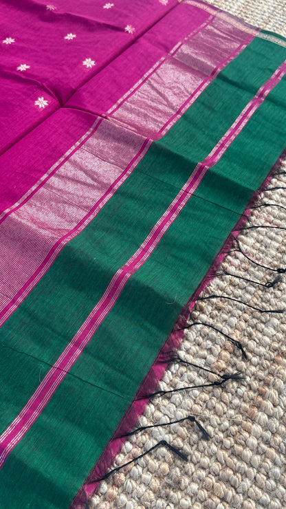Maheshwari Silk Cotton Saree | Emerald Green With Pink