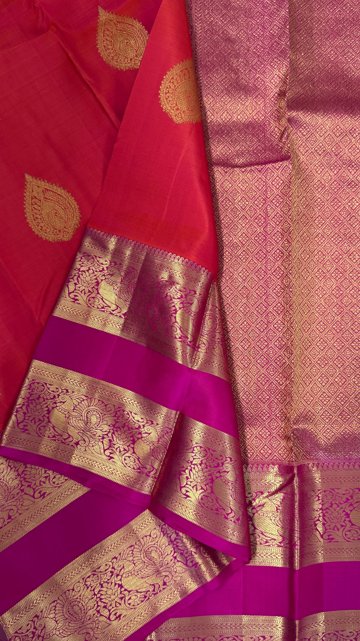 Vintage Wash Pure Kanchipuram Silk Saree – Orange with Magenta Pink | Silk Mark Certified