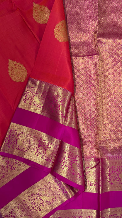 Vintage Wash Pure Kanchipuram Silk Saree – Orange with Magenta Pink | Silk Mark Certified