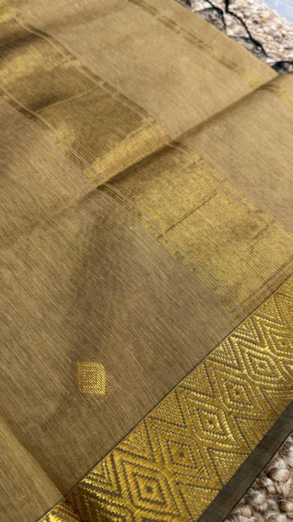 Pure Hand-Woven Cotton Silk Saree - Golden Beige