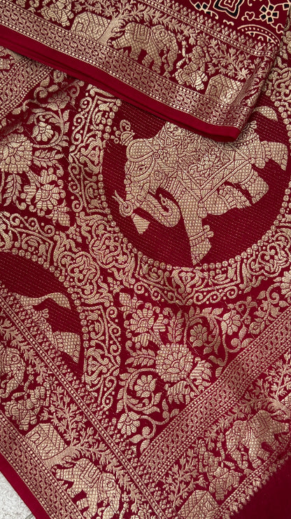 Pure Modal Based Saree with Ajrakh Prints & Banarasi Elephant Zari Border – Maroon