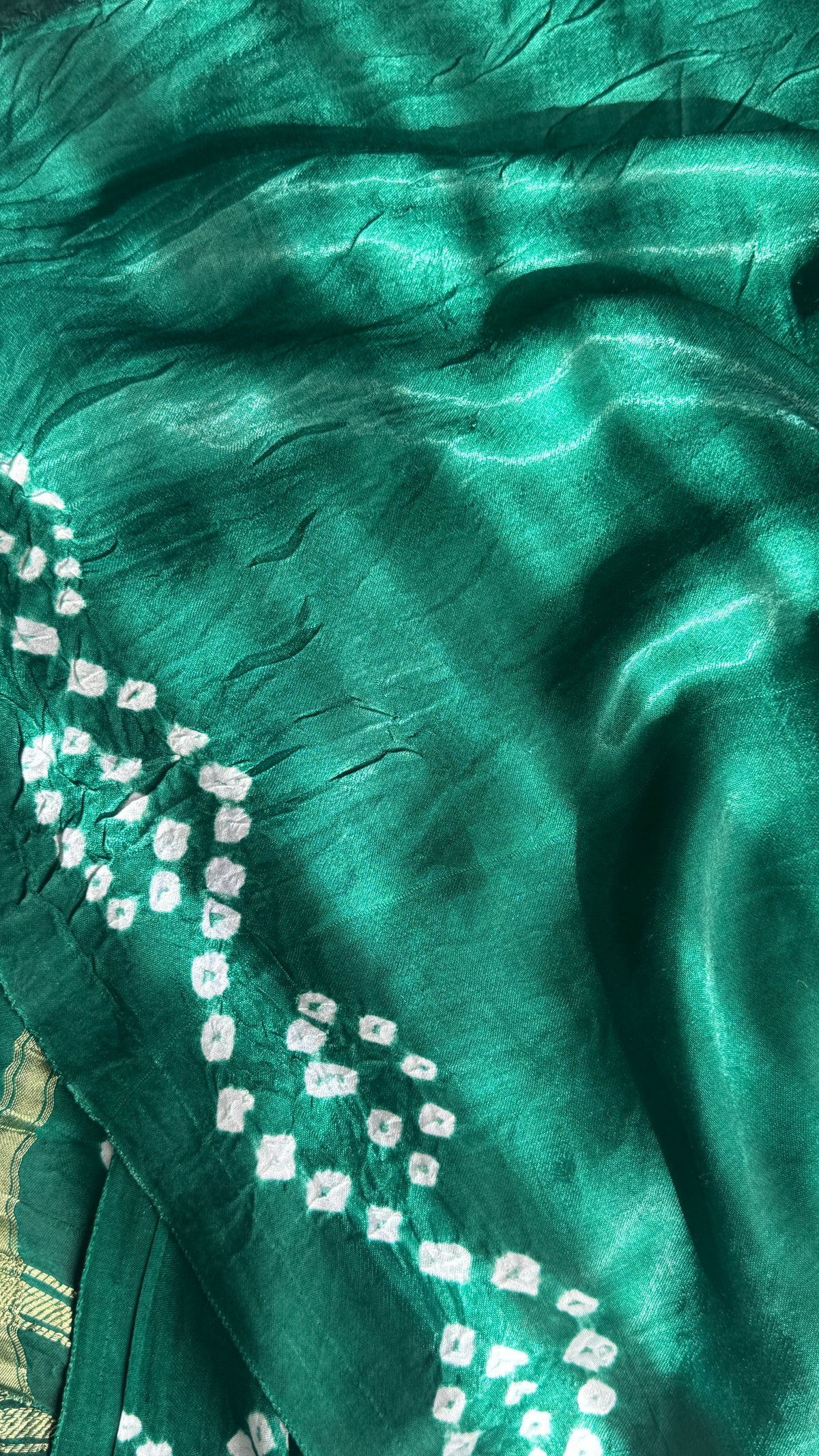 Tie & Dye Handknotted Gharchola Bandhej Pure Gajji Silk Saree - Bottle Green