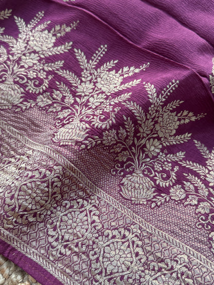 Crushed Munga Silk Banarasi Saree – Wine with Self-Turning Border