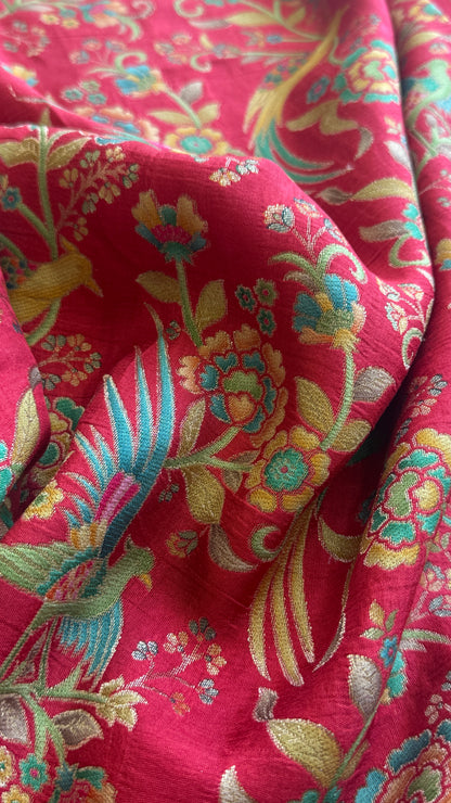 Kashmiri Pashmina Kani Silk Saree – Red with Teal Contrast Blouse