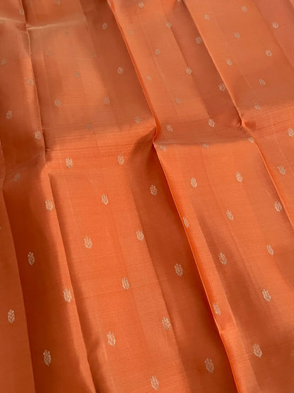 Dark Peach Pure Kanchipuram Silk Saree with Silver Zari Motifs Silk Mark Certified