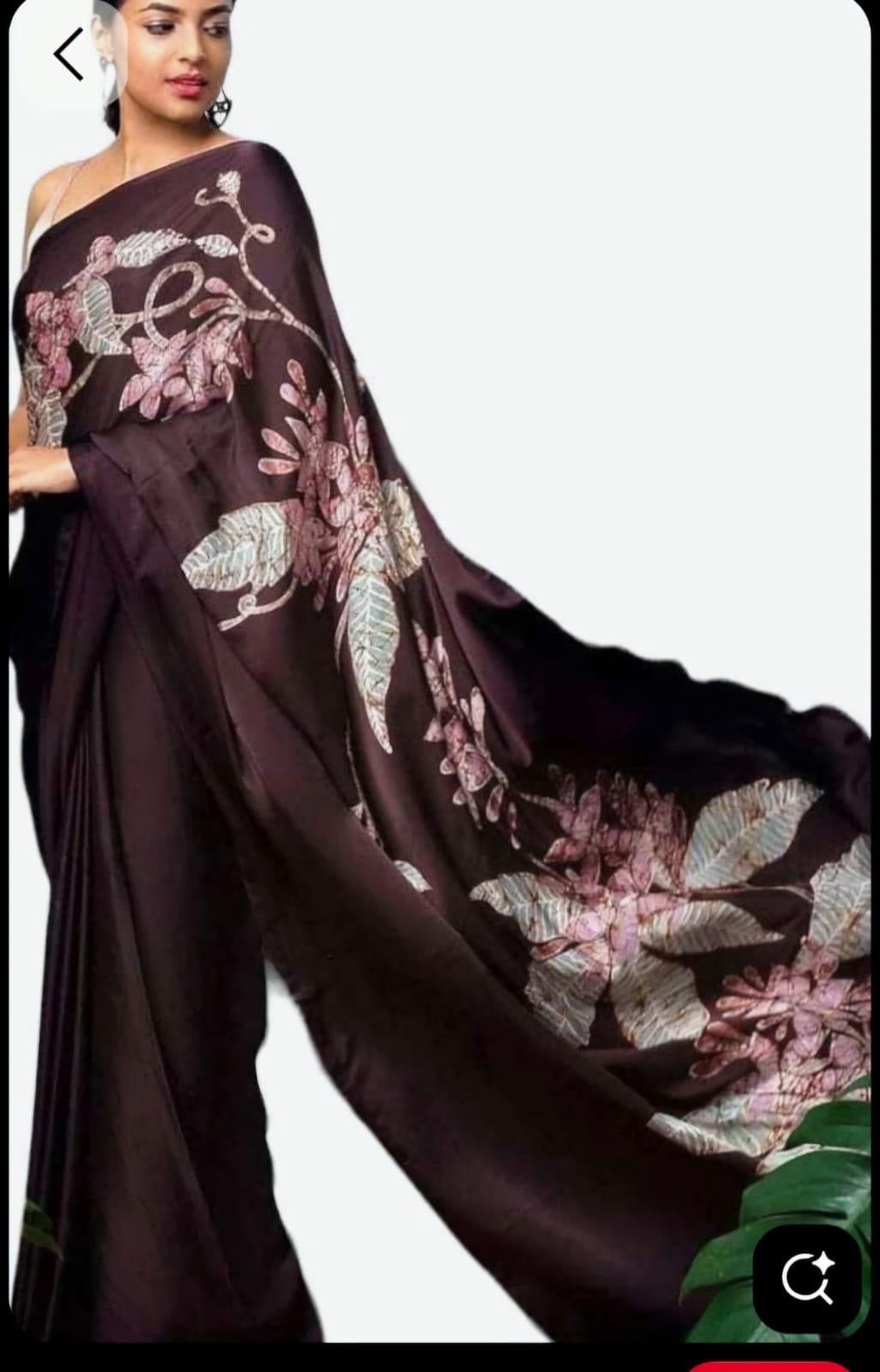 Pure Mulberry Silk Saree in Chocolate Brown with Floral Batik Print | Silk Mark Certified