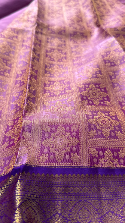 Vintage Wash Pure Kanchipuram Silk Saree – Pink with Royal Purple Contrast | Silk Mark Certified