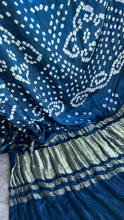Tie & Dye Handknotted Gharchola Bandhej Pure Gajji Silk Saree - Peacock Blue