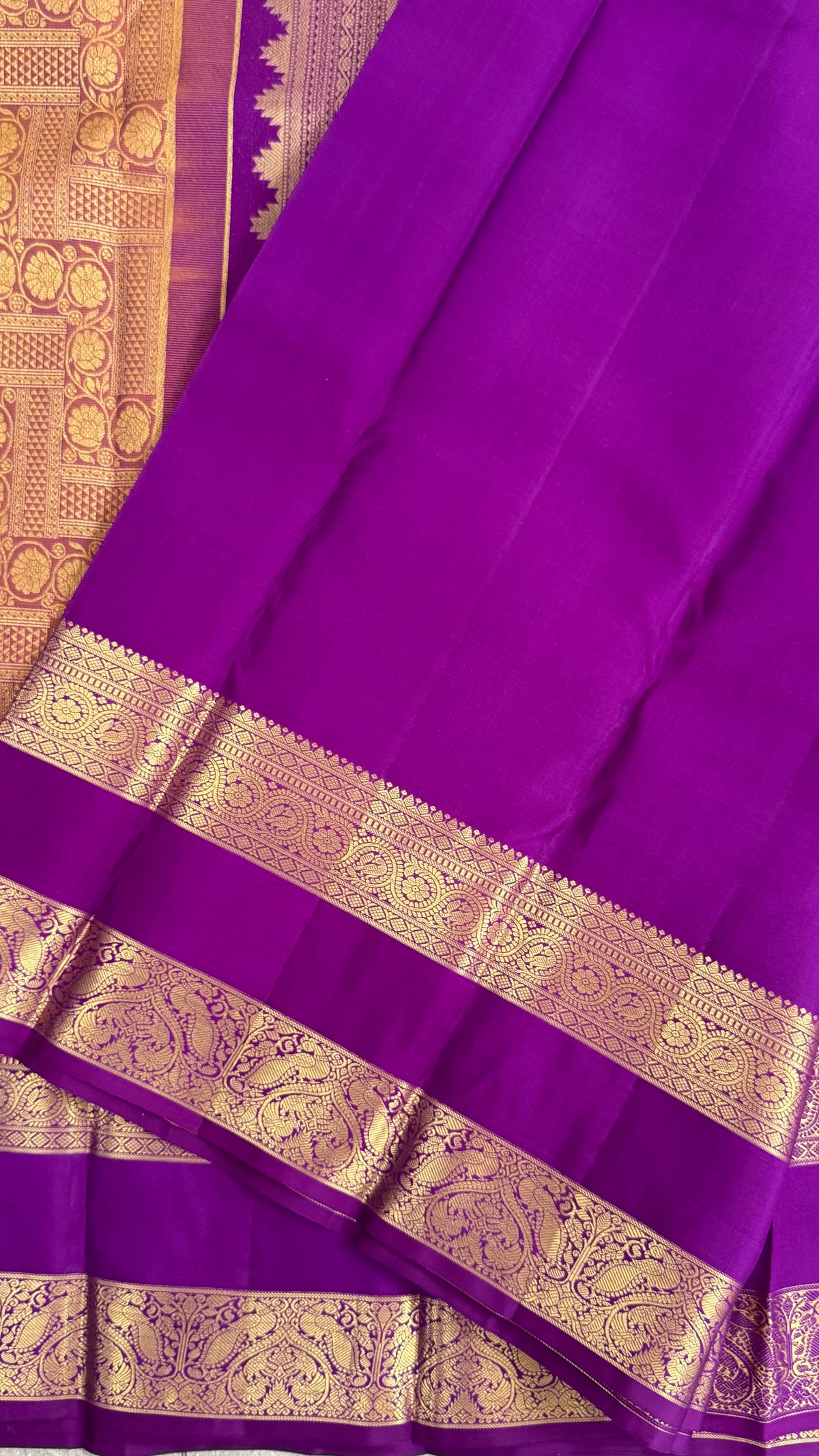 Vintage Wash Pure Kanchipuram Silk Saree – Gold with Royal Purple Contrast | Silk Mark Certified