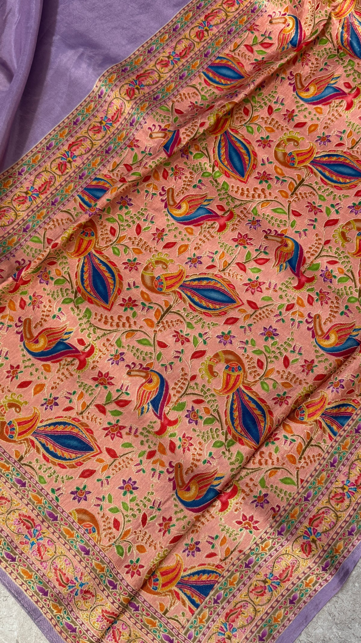 Kashmiri Pashmina Kani Silk Saree – Pastel Lavender with Peach Contrast Blouse