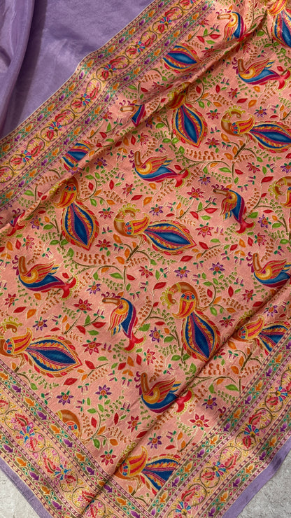 Kashmiri Pashmina Kani Silk Saree – Pastel Lavender with Peach Contrast Blouse