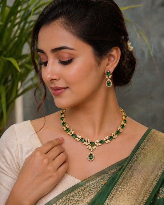 AD Necklace Set with Emerald & White Stone Deatailing With a Matching Earring