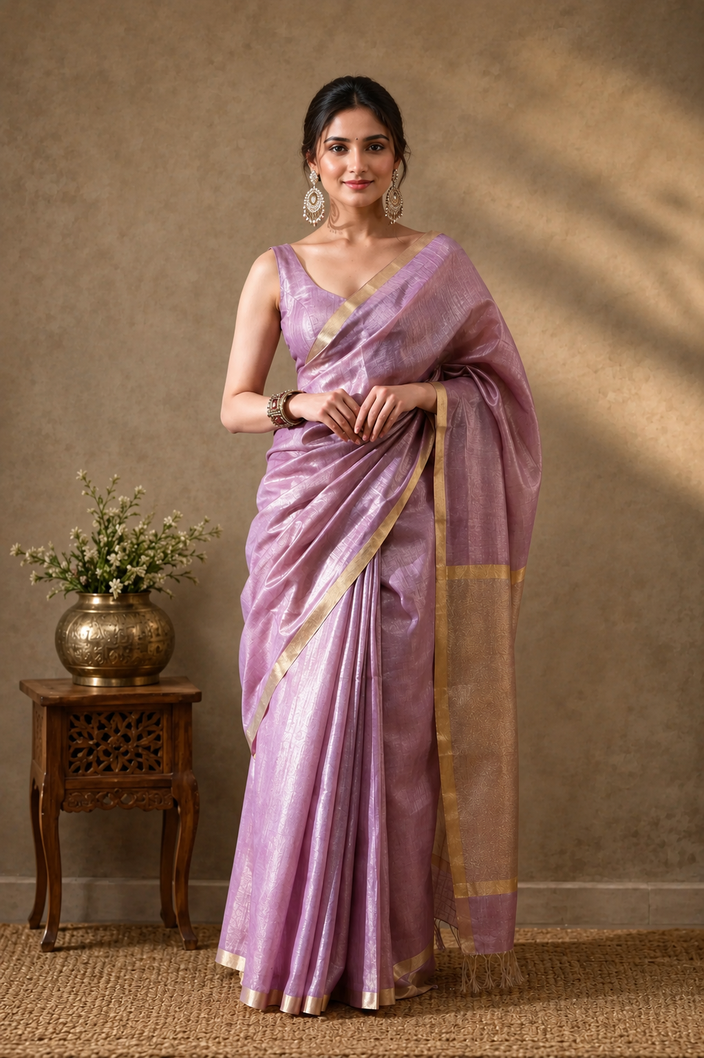 Soft Lilac Purple & Champagne Gold Tissue Linen Saree