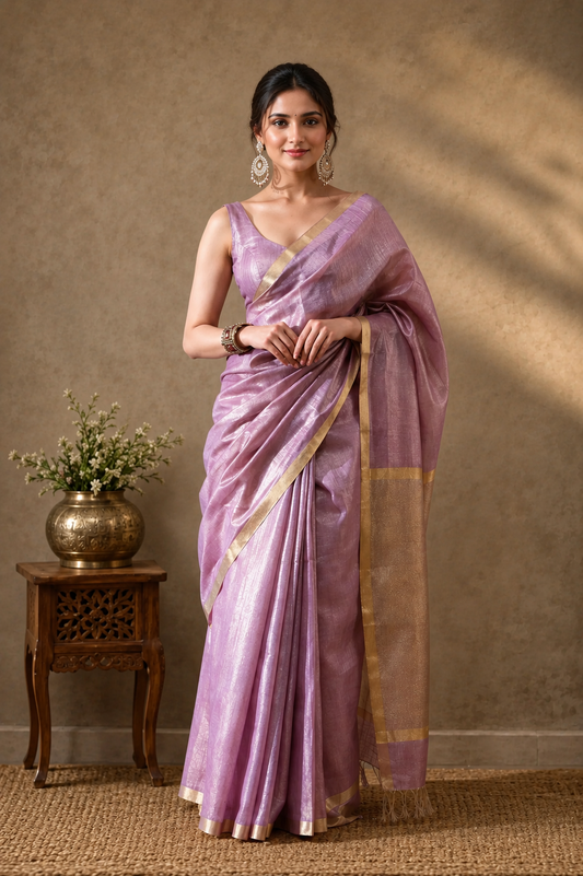 Soft Lilac Purple & Champagne Gold Tissue Linen Saree