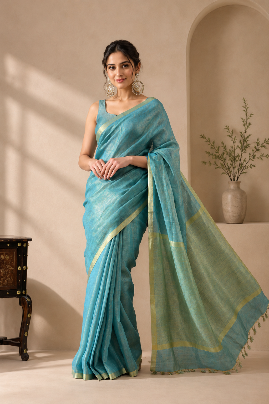 Aqua Blue & Soft Gold Tissue Linen Saree