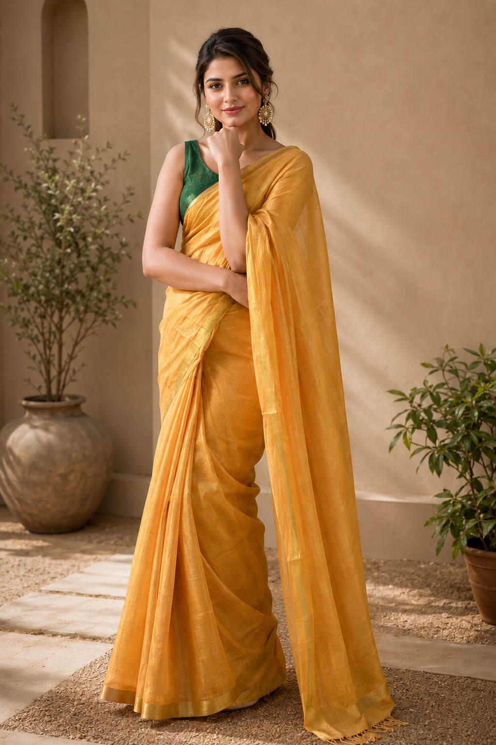 Tissue Linen Silk Saree – Mustard Yellow with Subtle Gold Zari Border