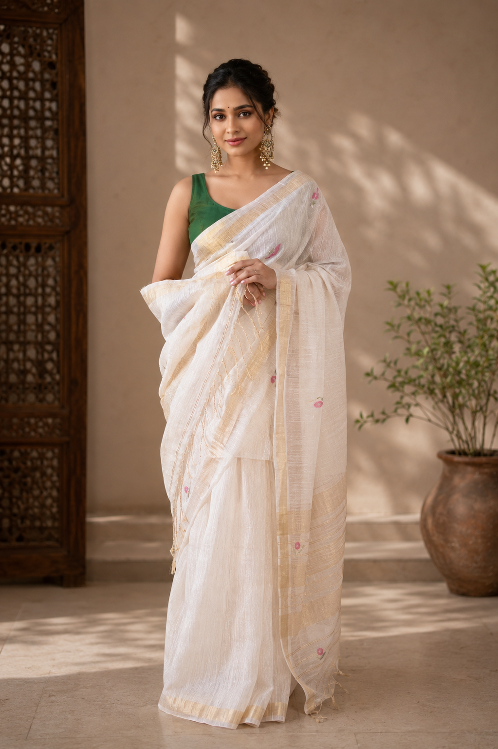 Tissue Linen Saree with Tassles - Half White