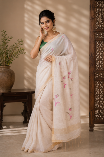 Tissue Linen Saree with Tassles - Half White