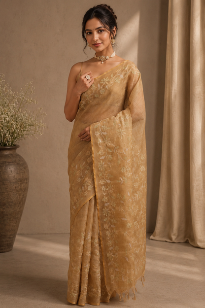 Embroidered Jute Linen Saree - Honey Beige