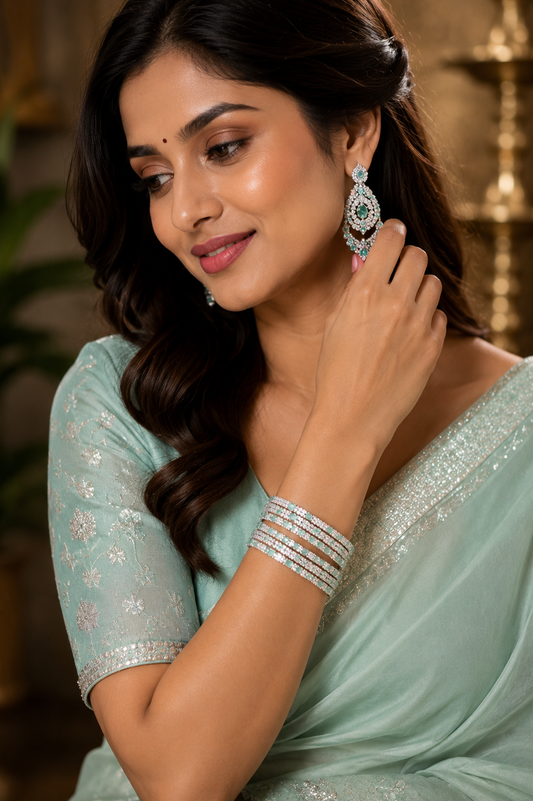 Mint Green & White AD Stone Silver Bangles – Set of 4