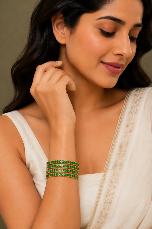 Antique Gold Plated Emerald Green Bangles in Premium Quality - Set of 4 (Size 2.6)