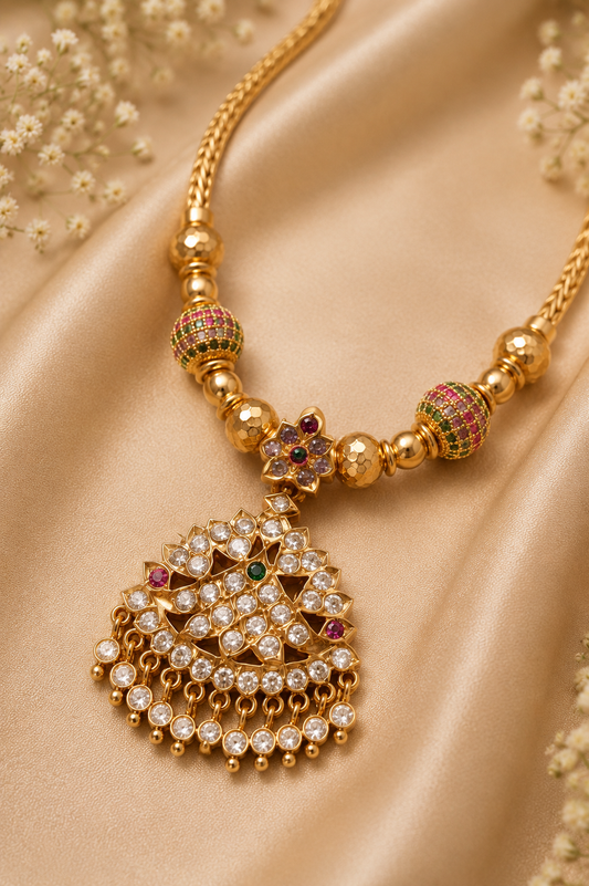Antique Gold-Plated AD Stone Pendant Necklace