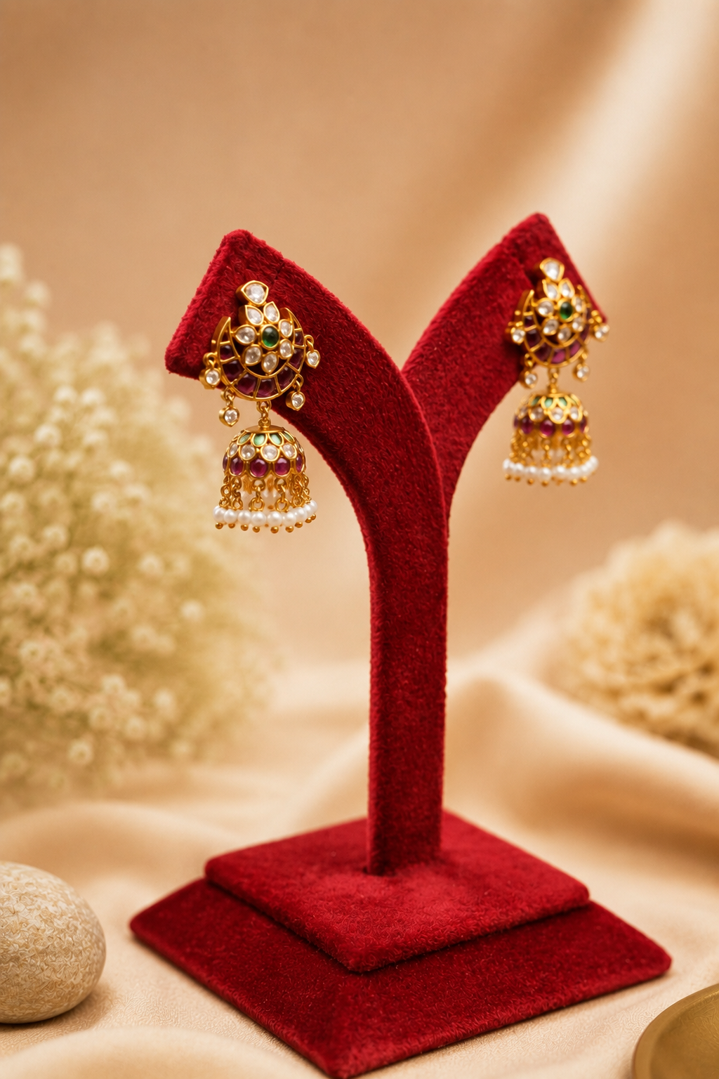 Antique Gold Plated Jhumka with Ruby Stud and Emerald Stone Detailing