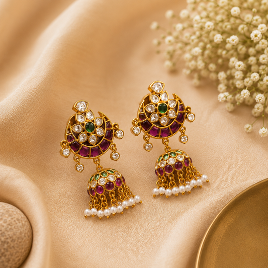 Antique Gold Plated Jhumka with Ruby Stud and Emerald Stone Detailing