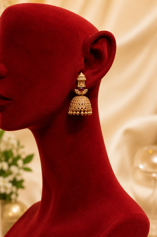 Antique Gold Plated Jhumka with Ruby Stud and Lakshmi Detailing