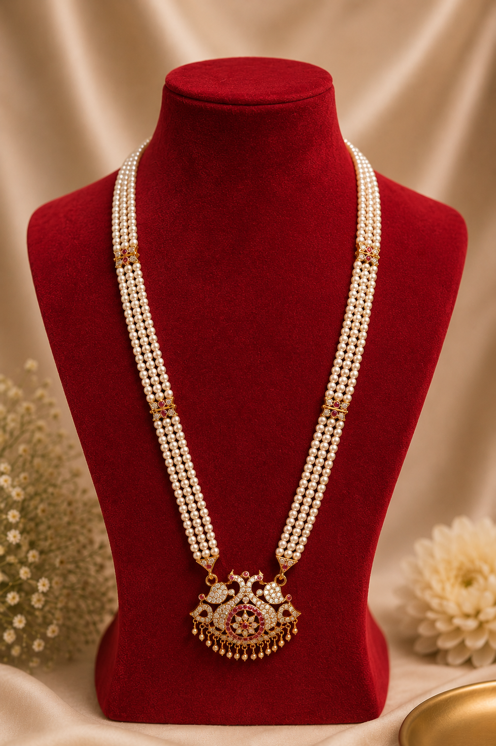 Antique Gold-Plated Pearl Haram Necklace with Ruby Stone Pendant