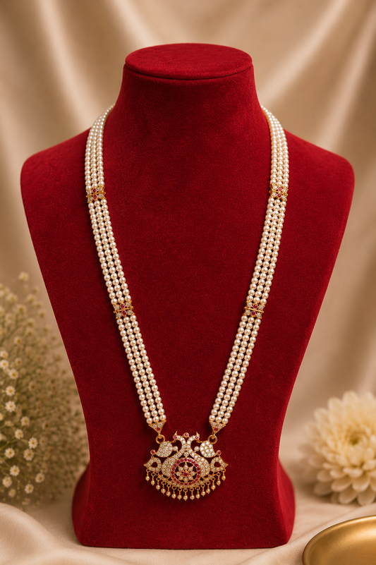 Antique Gold-Plated Pearl Haram Necklace with Ruby Stone Pendant