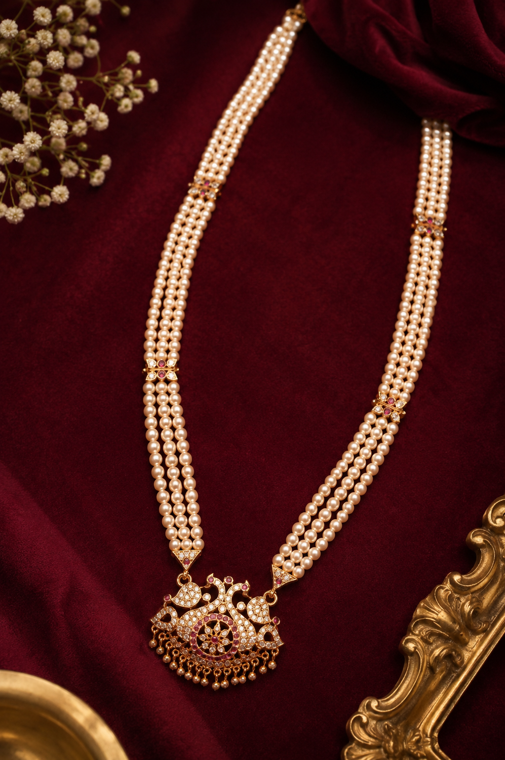 Antique Gold-Plated Pearl Haram Necklace with Ruby Stone Pendant